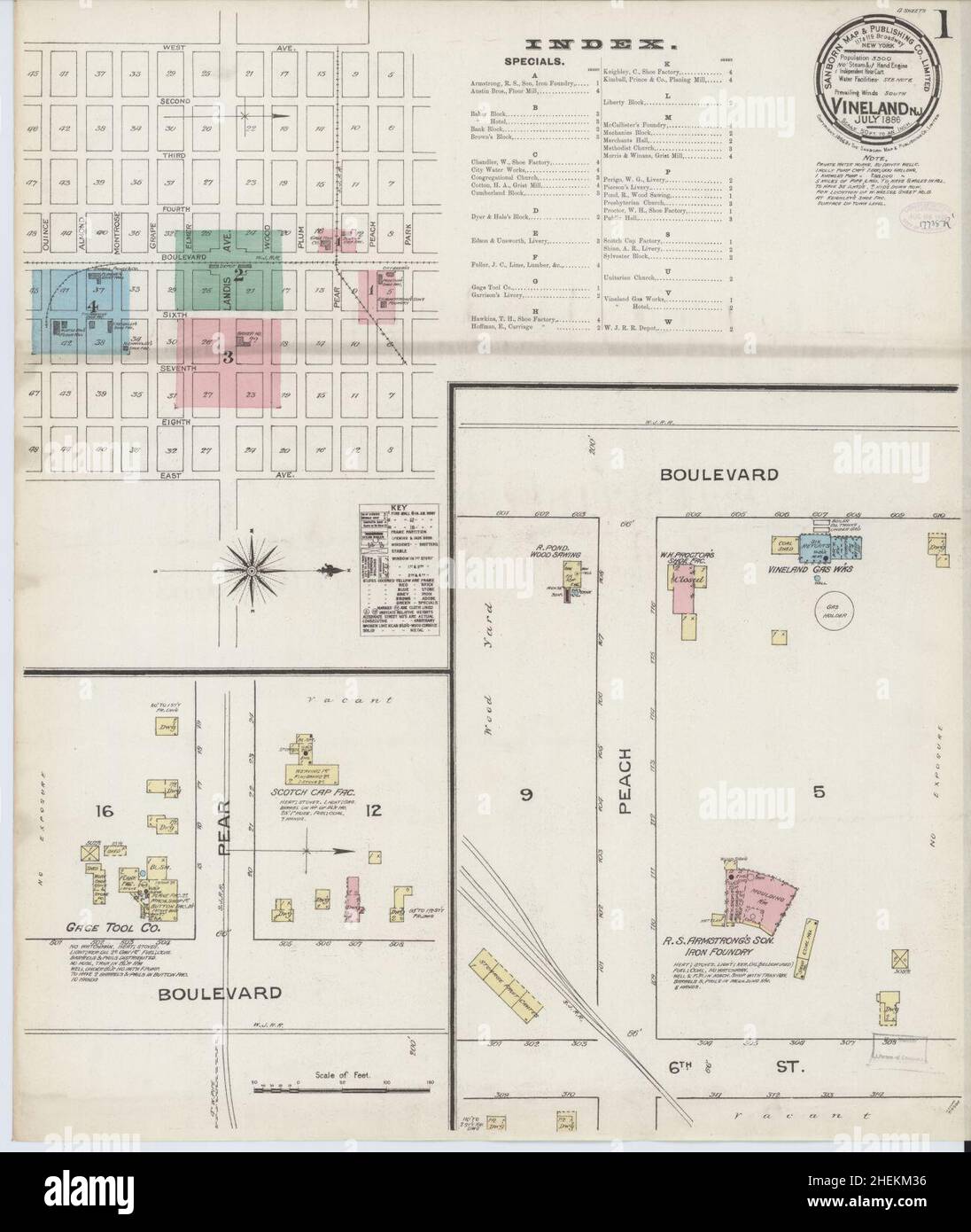 Sanborn carte d'assurance-incendie de Vineland, comté de Cumberland, New Jersey. Banque D'Images