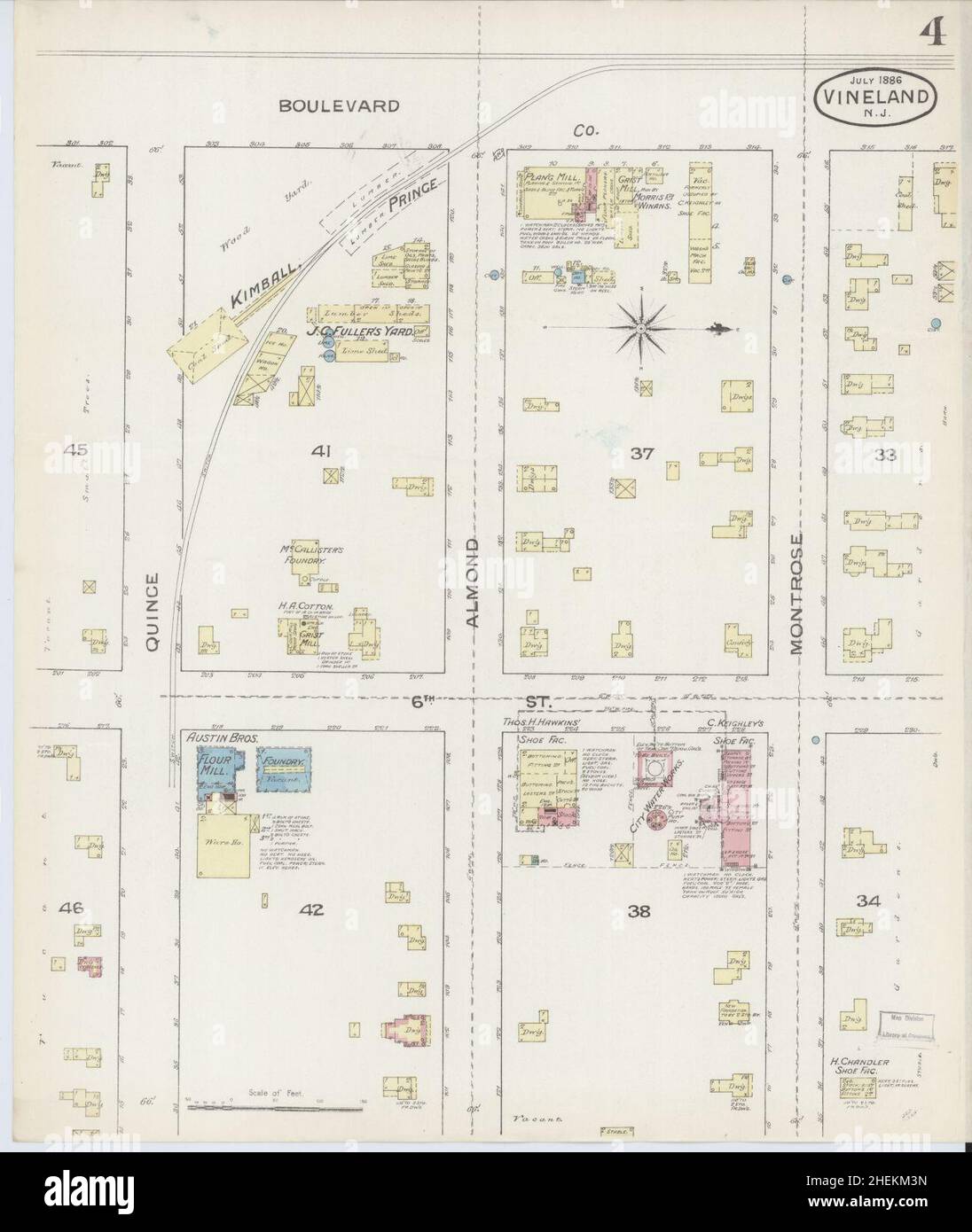 Sanborn carte d'assurance-incendie de Vineland, comté de Cumberland, New Jersey. Banque D'Images