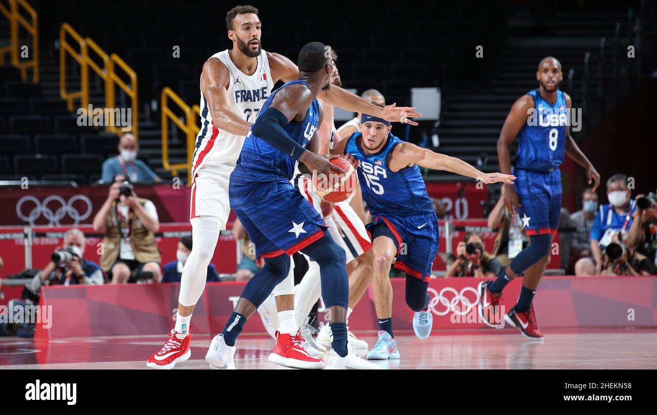 25th JUILLET 2021 SAITAMA, JAPON Rudy GOBERT de France défend