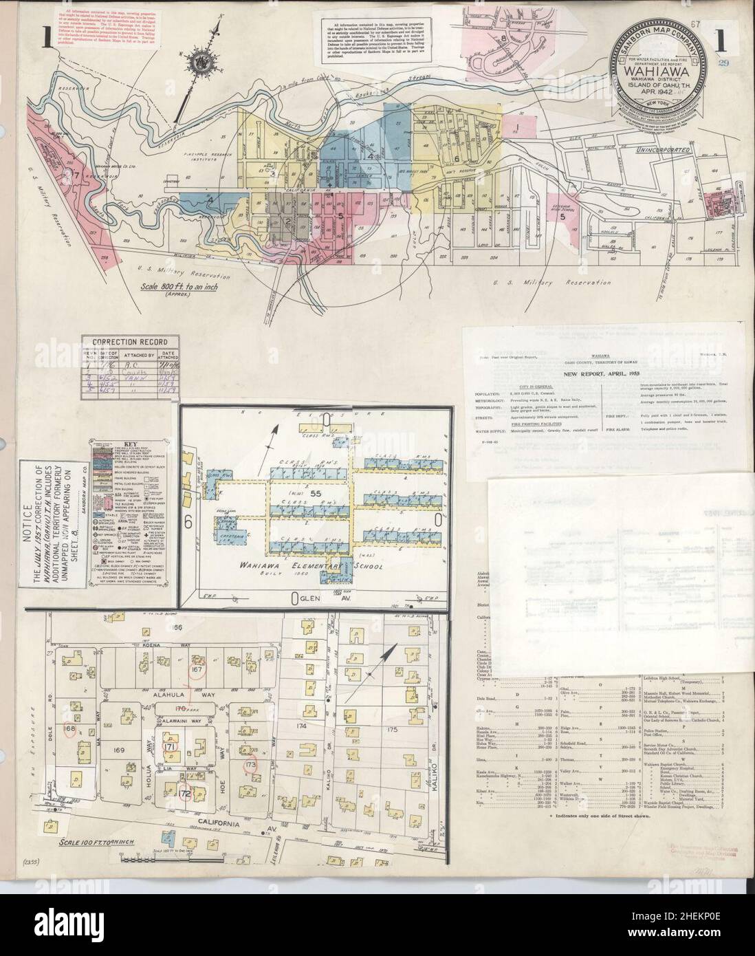 Sanborn carte d'assurance-incendie de Wahiawa, comté d'Honolulu, Hawaï. Banque D'Images