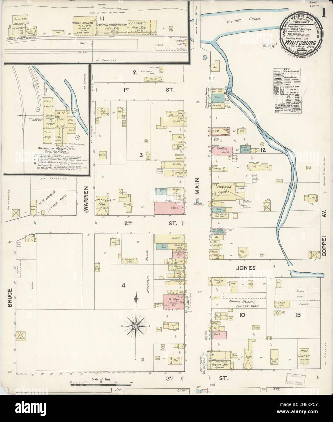 Sanborn carte d'assurance-incendie de Waitsburg, comté de Walla Walla, Washington. Banque D'Images