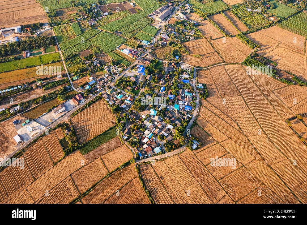 Vue aérienne du village suburbain parmi les rizières récoltées avec artère dans la campagne Banque D'Images