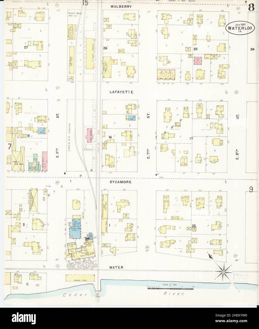 Sanborn carte d'assurance-incendie de Waterloo, comté de Black Hawk, Iowa. Banque D'Images