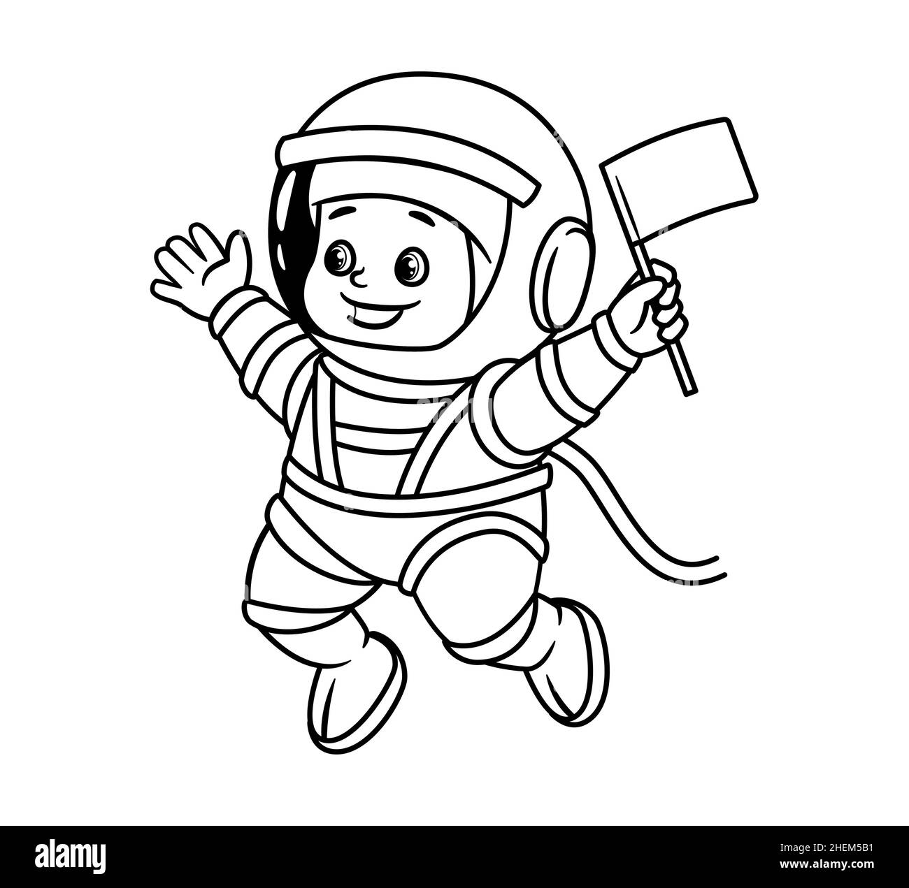 Livre de coloriage : un tout-petit astronaute dans un casque et un vaisseau spatial fait le drapeau d'un pionnier.Illustration vectorielle de style dessin animé, isolée en noir et blanc Illustration de Vecteur