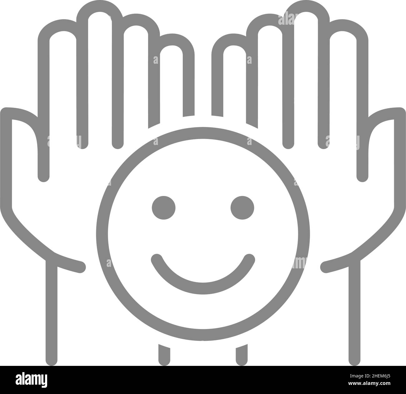 L'icône mains contient une ligne de visage heureux.Partagez un symbole de bonne humeur, d'émotions de satisfaction Illustration de Vecteur