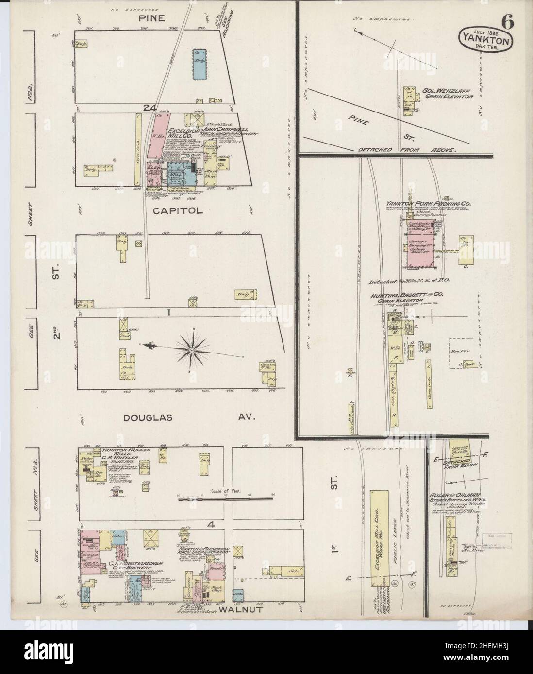 Sanborn carte d'assurance-incendie de Yankton, comté de Yankton, Dakota du Sud. Banque D'Images