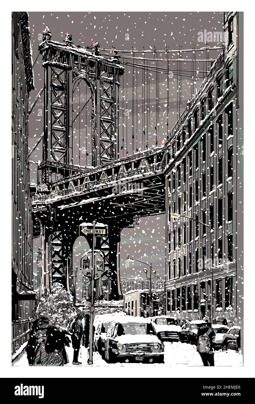 Vue sur le pont de Manhattan depuis brooklyn sous la neige - illustration vectorielle (idéale pour l'impression sur tissu ou papier, affiche ou papier peint, décoration de maison) Illustration de Vecteur