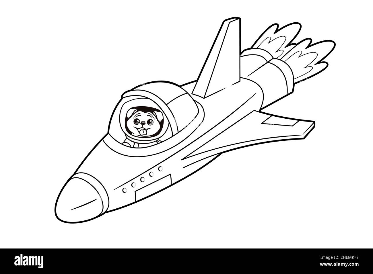 Livre de coloriage : le chien astronaute du pug vole sur une navette spatiale parmi les étoiles.Illustration vectorielle de style dessin animé, dessin au trait noir et blanc Illustration de Vecteur