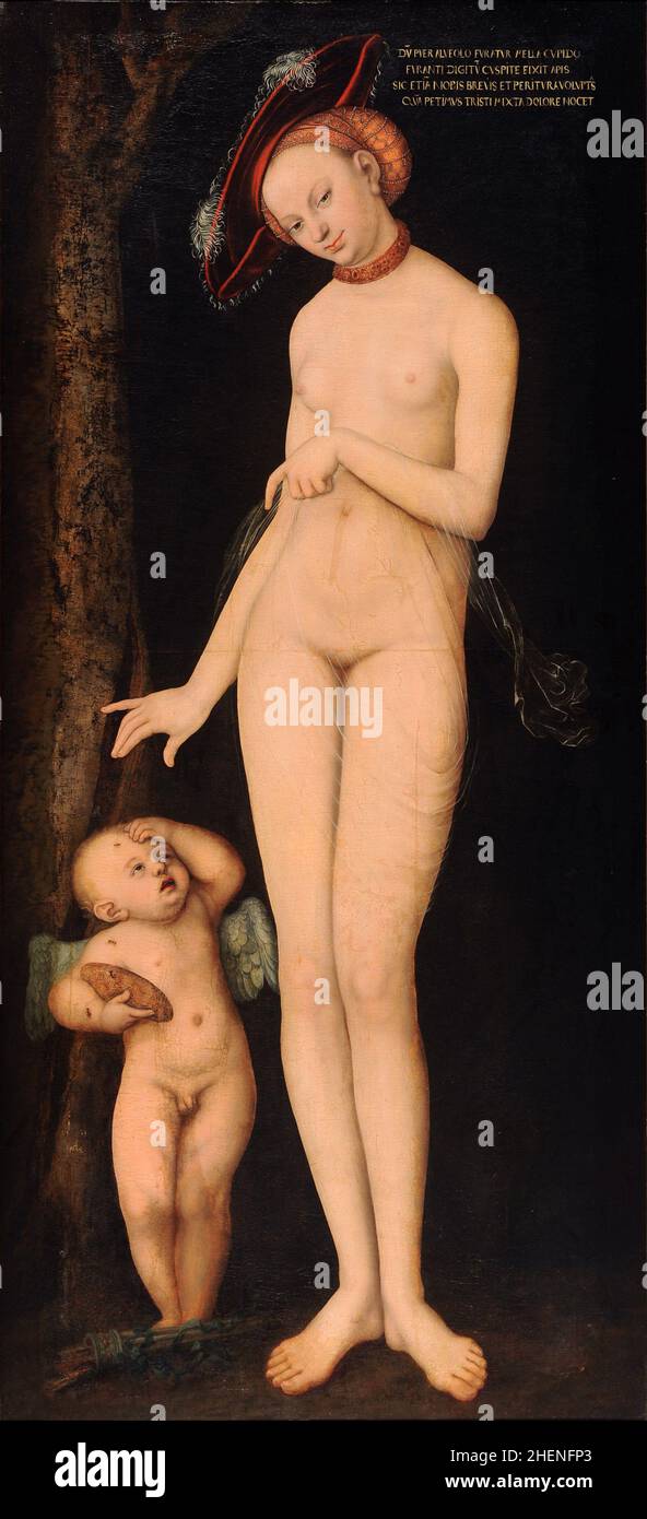 Vensu le gardien de l'amour (appelé Aphrodite par les Grecs) avec la peinture Cupid de Lucas Cranach Banque D'Images