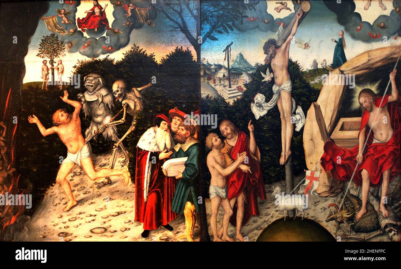 Allégorie de droit et de grâce peinture par Lucas Cranach.Sur la gauche, la mort et le diable conduisent un pécheur à l'enfer, sur la droite, la résurrection indique la vie et la grâce de dieu. Banque D'Images