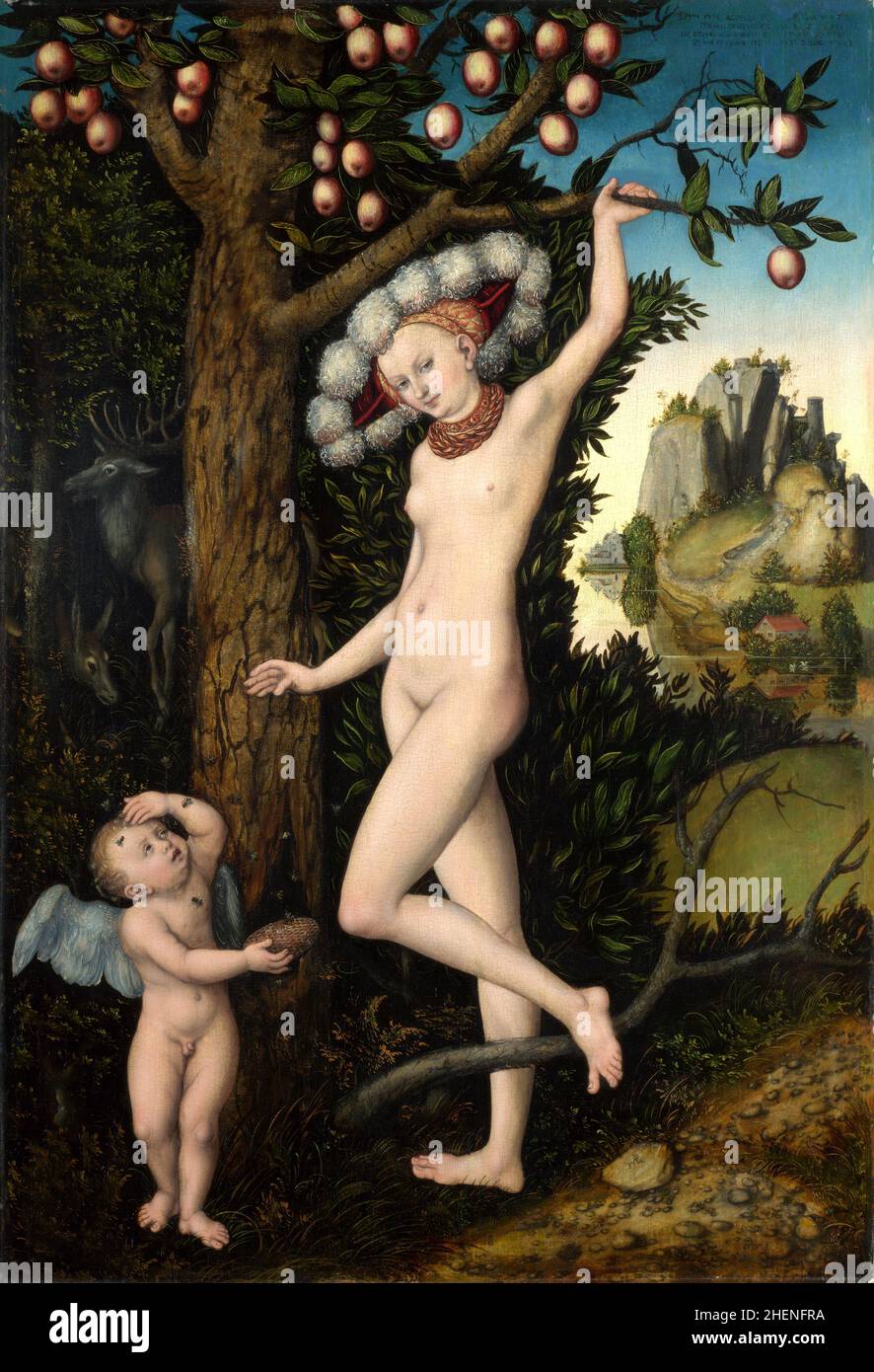 Vensu le gardien de l'amour (appelé Aphrodite par les Grecs) avec la peinture Cupid de Lucas Cranach Banque D'Images