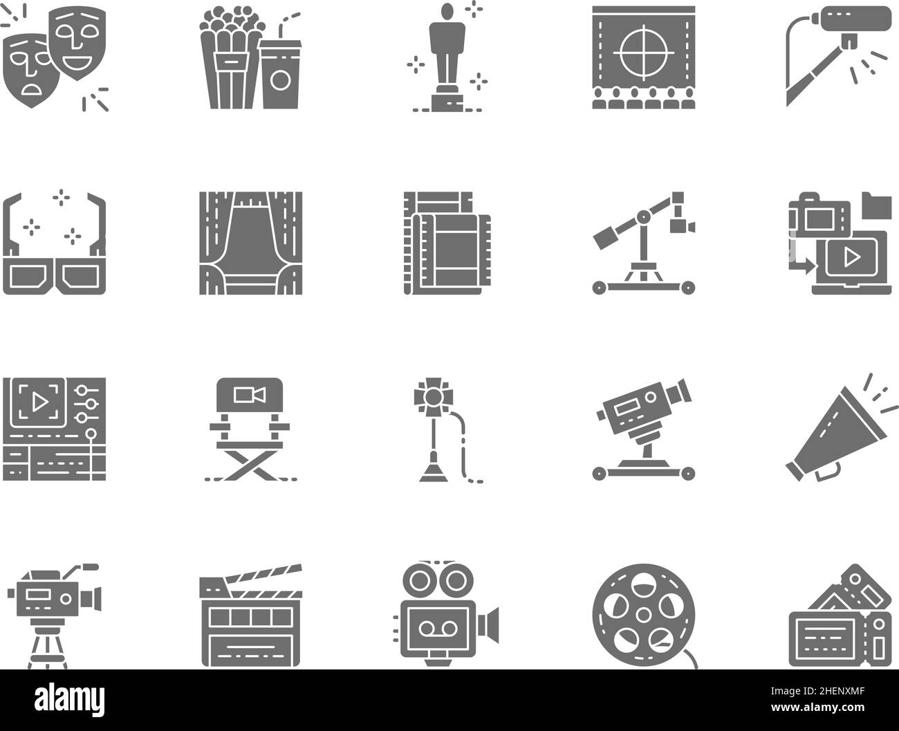 Ensemble d'icônes gris cinéma.Pop-corn, masques de théâtre, prix du film, microphone, film Strip,Soffit, appareil photo numérique, Clapper Board, tickets et bien plus encore.Pack Illustration de Vecteur