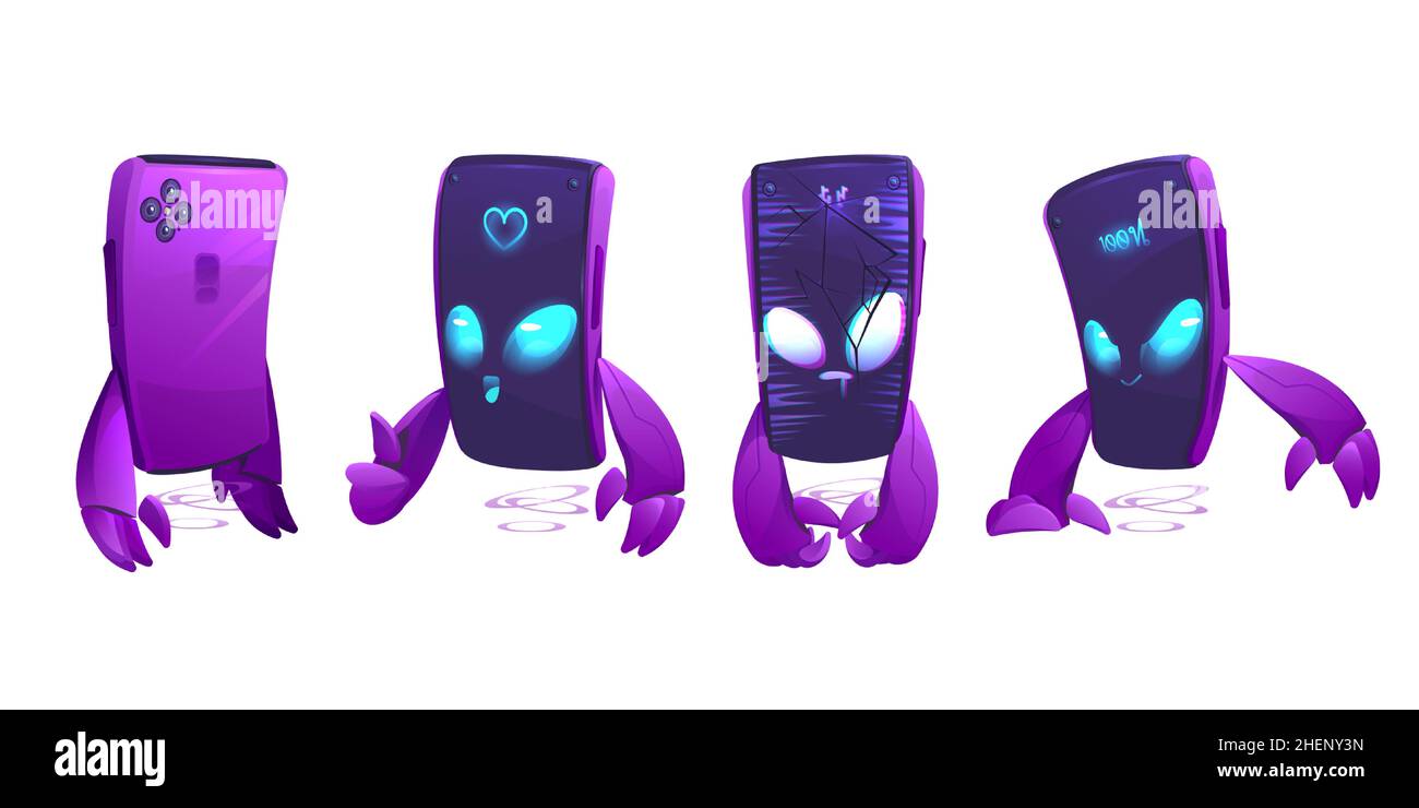 Vue avant et arrière du joli smartphone.Ensemble vectoriel de mascotte de dessin animé, drôle téléphone mobile montrer le pouce vers le haut, cassé avec des fissures sur l'écran et gadget avec indicateur de batterie pleine Illustration de Vecteur