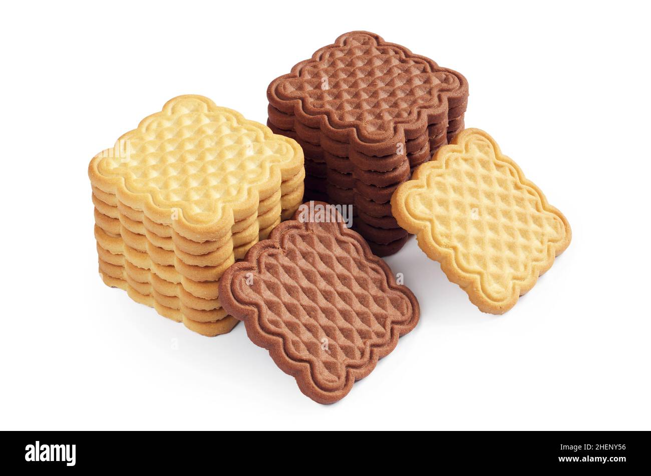 Biscuits carrés vanille et chocolat sur fond blanc Banque D'Images