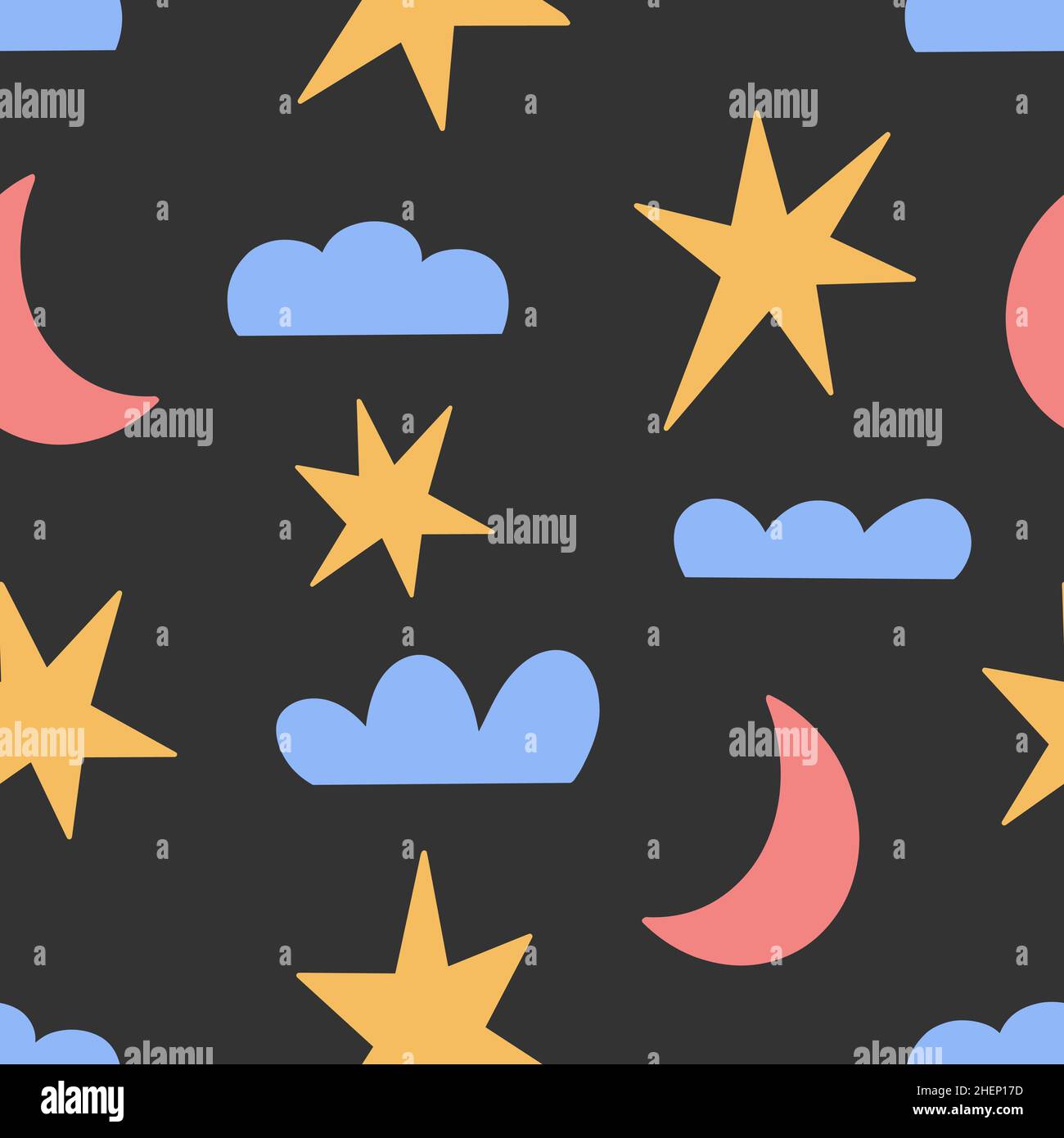 Motif enfant simple sans couture avec étoiles, lune et nuages dans un style moderne sur fond noir Illustration de Vecteur