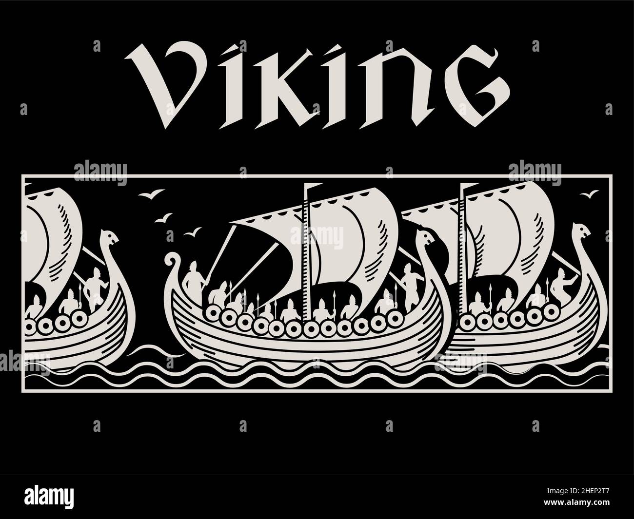 Conception dans le style Old Norse.Navires de guerre viking naviguant sur la mer orageux et inscription Viking dans le style gothique Illustration de Vecteur