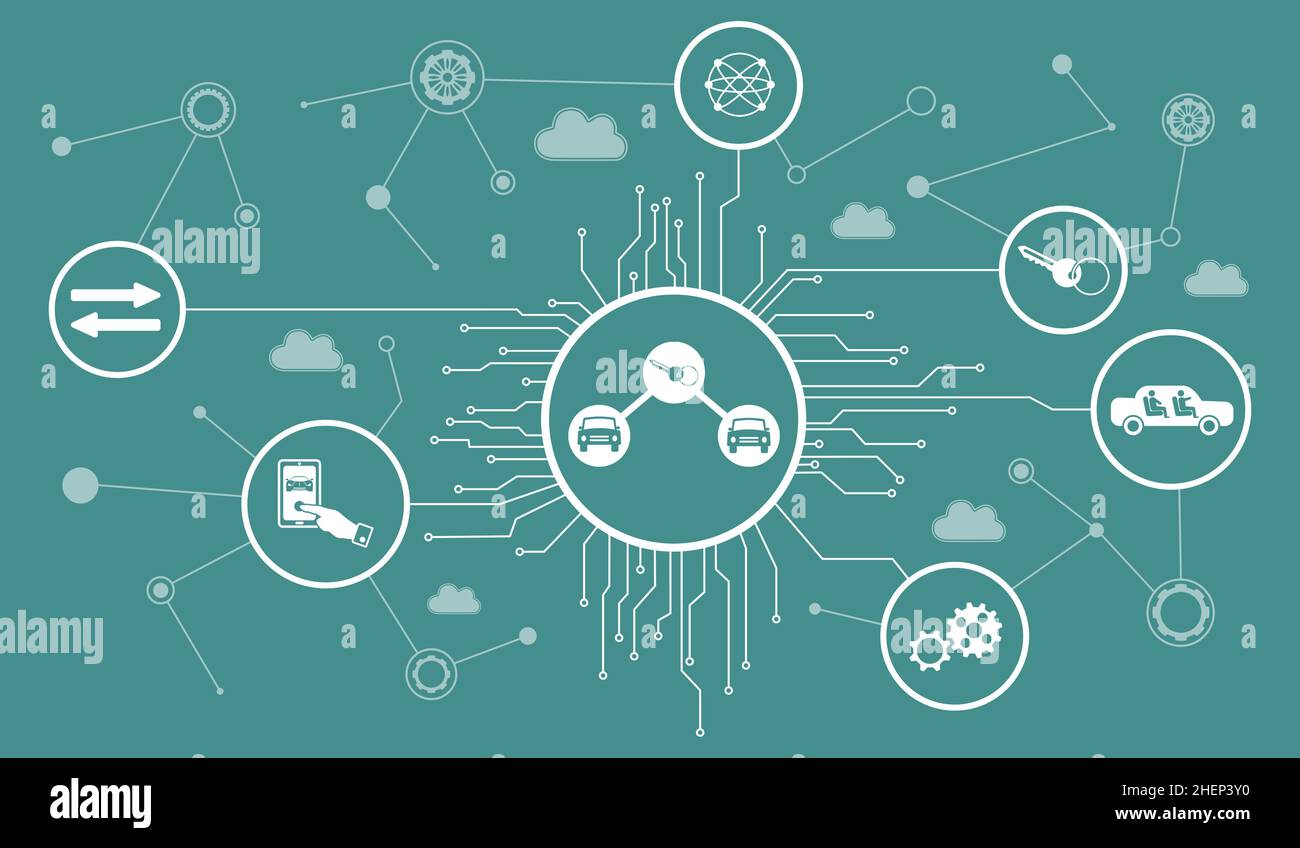Concept de partage de voiture avec icônes connectées Banque D'Images