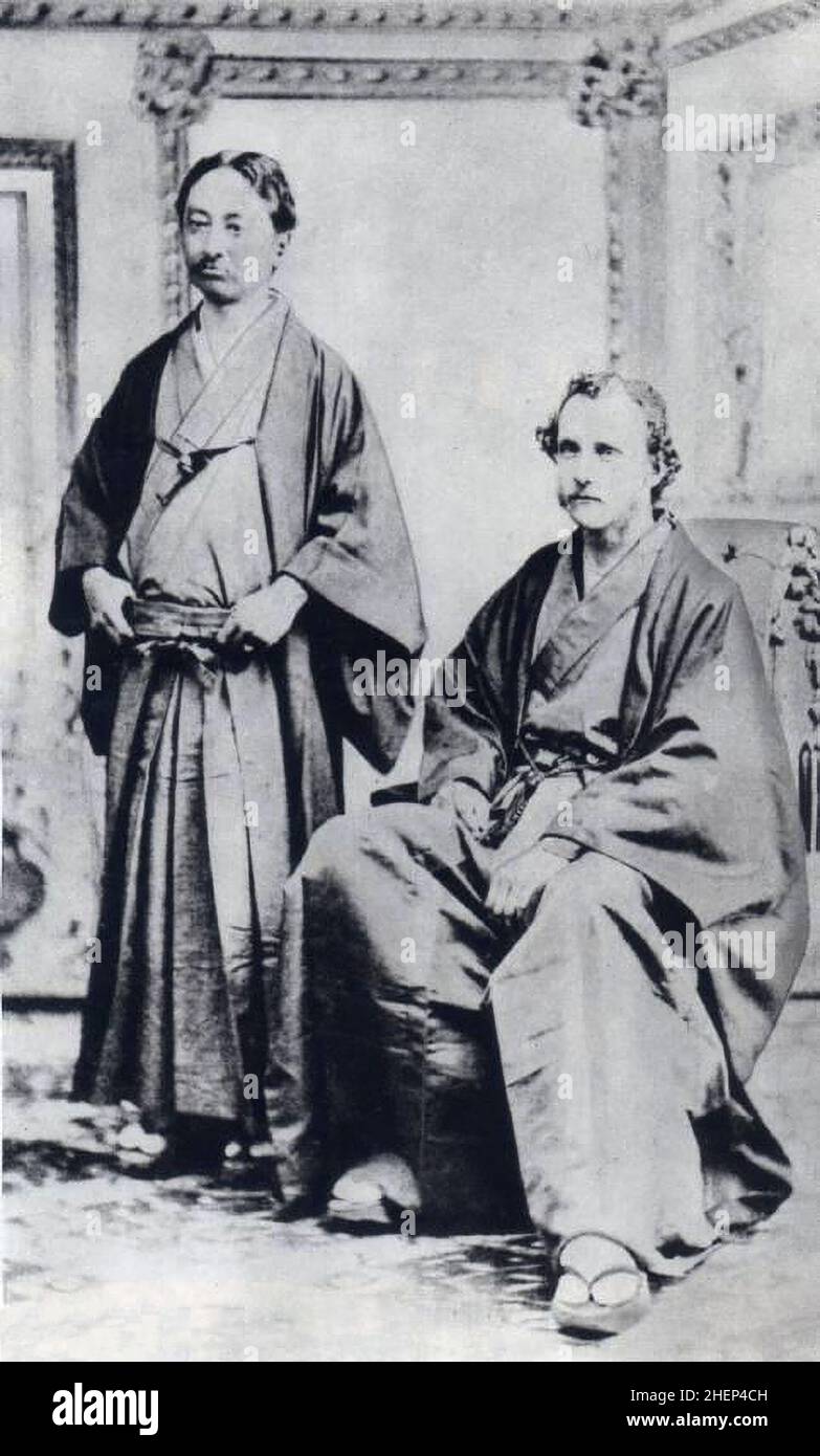 Portrait d'Ernest Francisco Fenollosa (1853 – 1908) ( à droite ) , historien d'art américain de l'art japonais, et Tenshin Okakura ( 1862 – 1913 ) ( à gauche ), érudit japonais, Collection privée. Banque D'Images