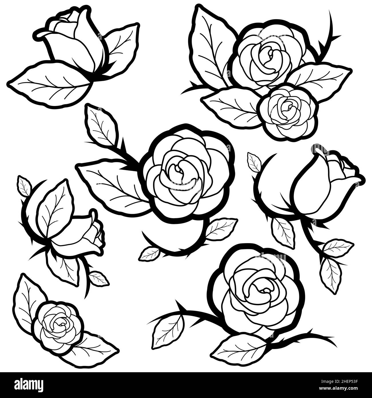 Ensemble de roses de style tatouage, d'épines et de bourgeons. Rose flash tatouages collection vintage. Fleurs de rose, bourgeons rouges et feuilles. Coloriage. Banque D'Images