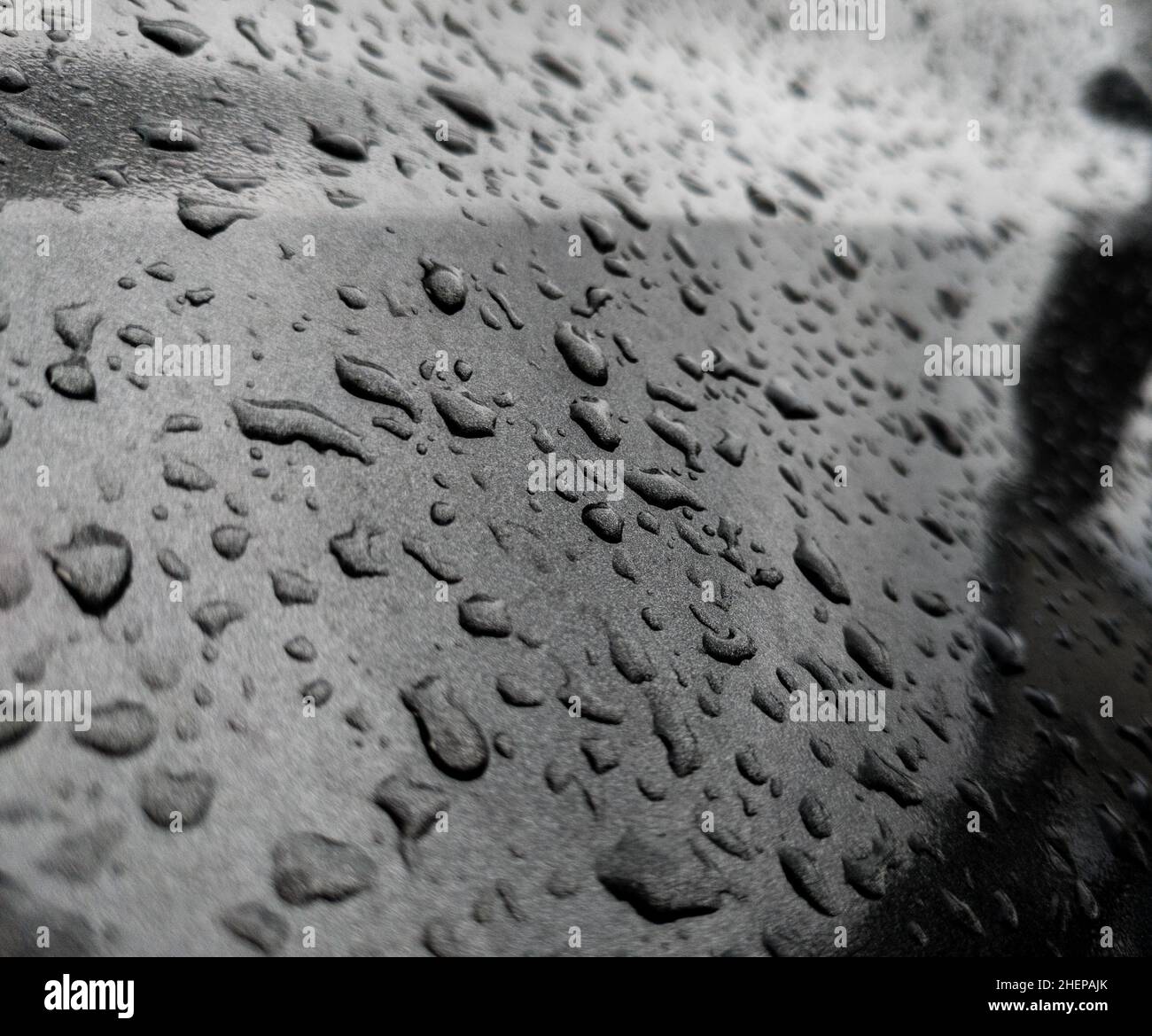 Gouttelettes d'eau sur une surface métallique gris foncé. Banque D'Images