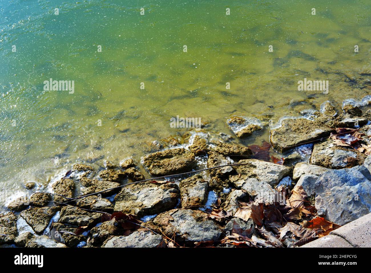 Pierres humides et neige au bord de l'eau vert Banque D'Images