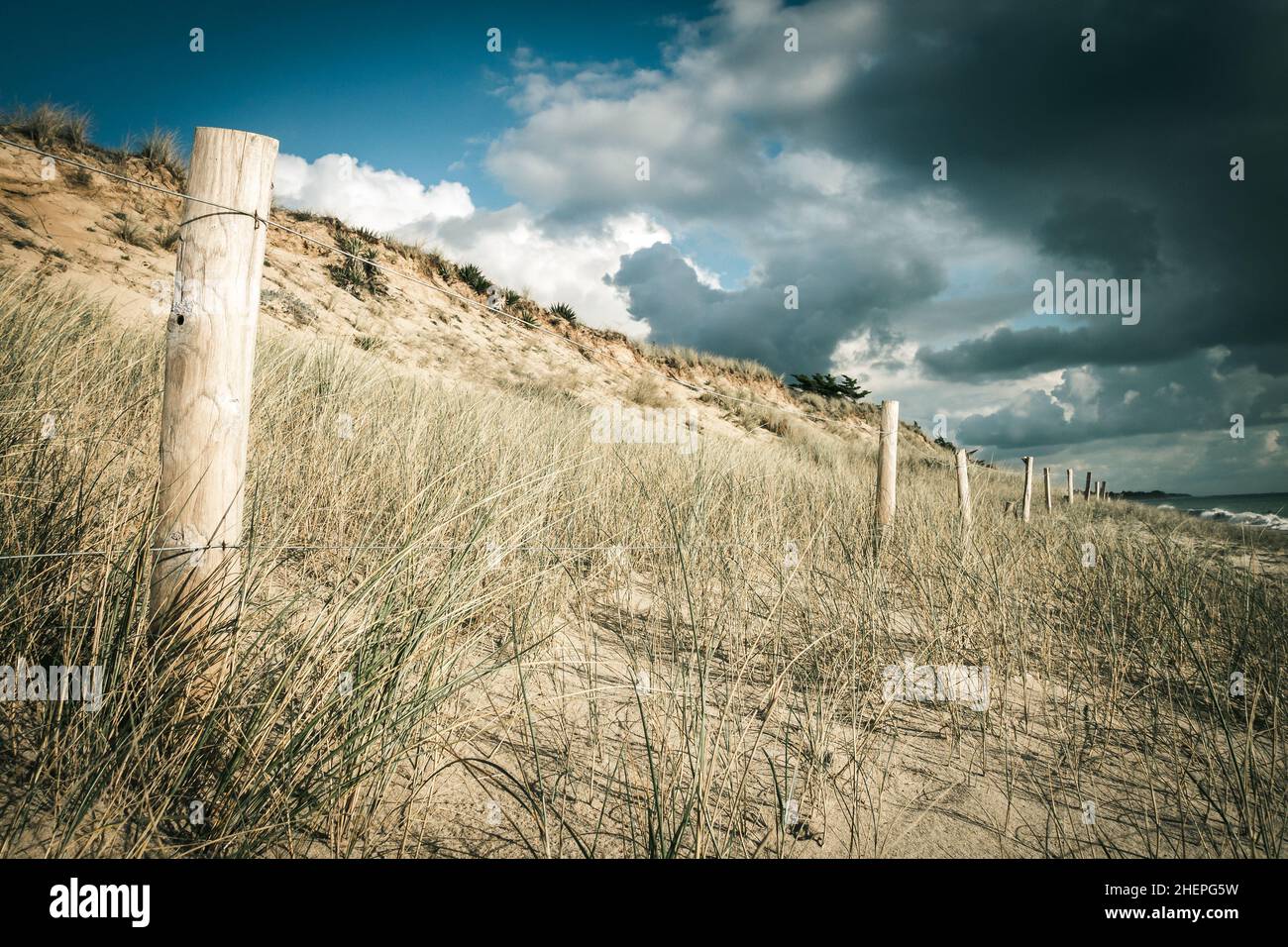 Dune de sable et clôture sur une plage, Re Island, France.Fond nuageux Banque D'Images