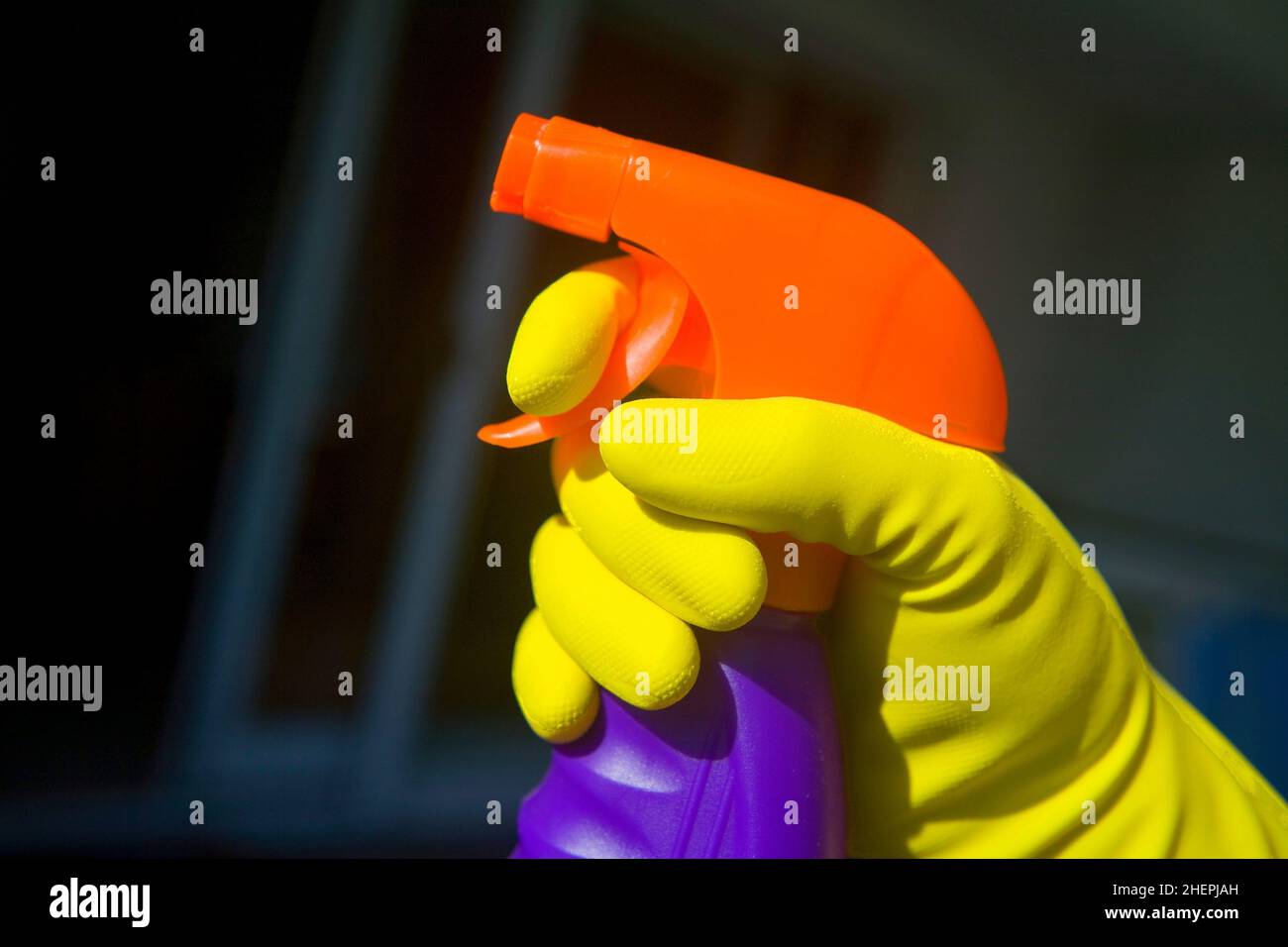 Nettoyage, main dans un gant en caoutchouc jaune avec un flacon pulvérisateur de nettoyant coloré , Autriche Banque D'Images