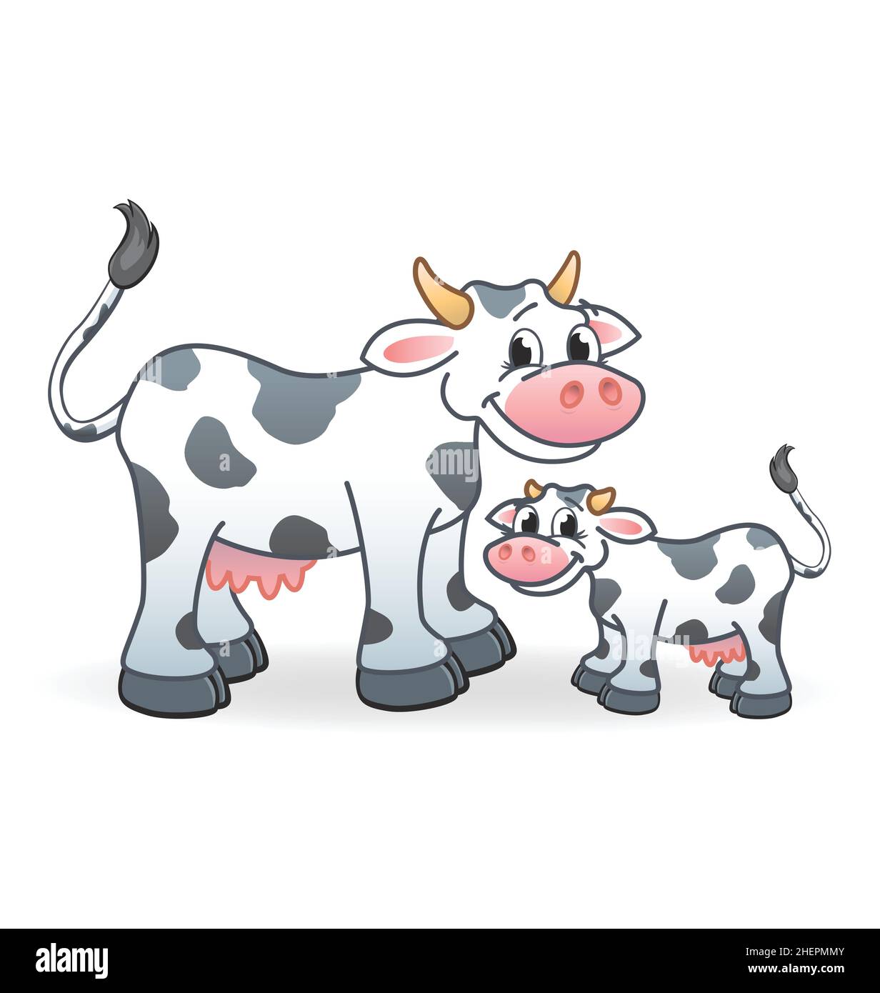 souriant happy caricature noir et blanc vaches laitières et caractères vecteur de veau isolé sur fond blanc Illustration de Vecteur