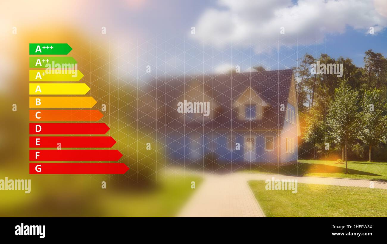 Graphique d'étiquette énergétique devant votre propre maison ou maison de famille comme un concept d'efficacité Banque D'Images