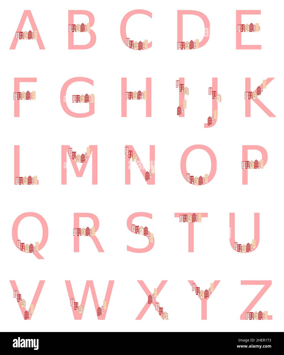alphabet composé de lettres roses chacune avec une rangée de maisons sur la lettre. paysage urbain sur chaque lettre, isolé sur un fond blanc Illustration de Vecteur