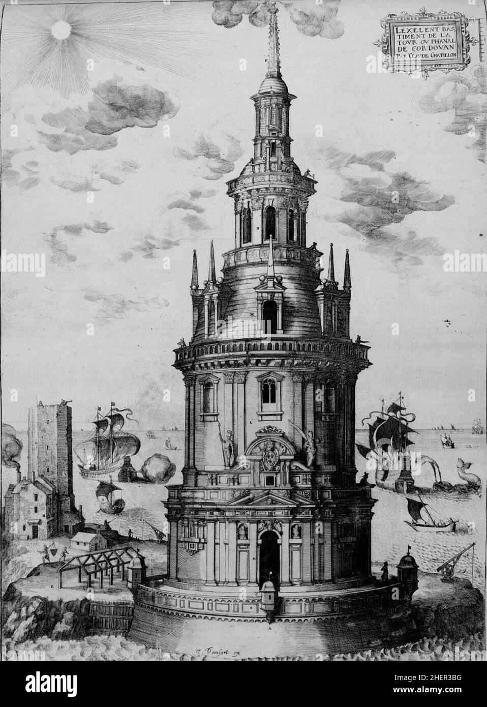 Gravure d'un dessin de Claude Chastillon de la tour originale terminée en 1611 Banque D'Images