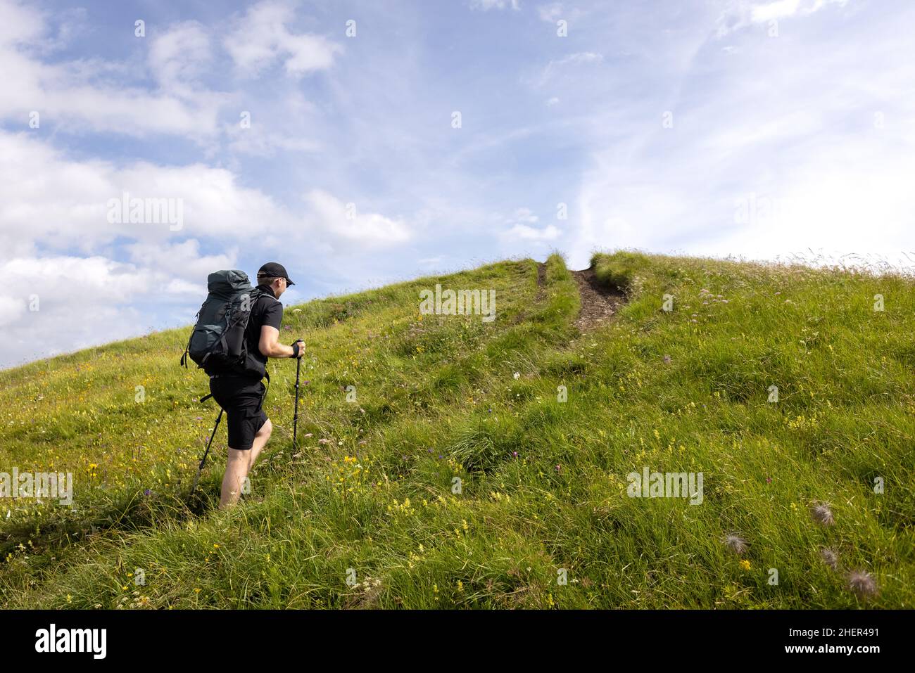 Randonneur avec sac à dos et bâtons de randonnée grimpant sur une colline verte Banque D'Images