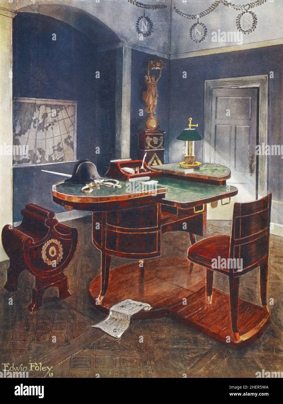 Bureau de campagne de Napoléon Bonaparte au Château de Malmaison, France.Du  livre des meubles décoratifs : sa forme, sa couleur et son histoire, Volume  One, par Edwin Foley,Londres publique 1910.Napoléon est resté