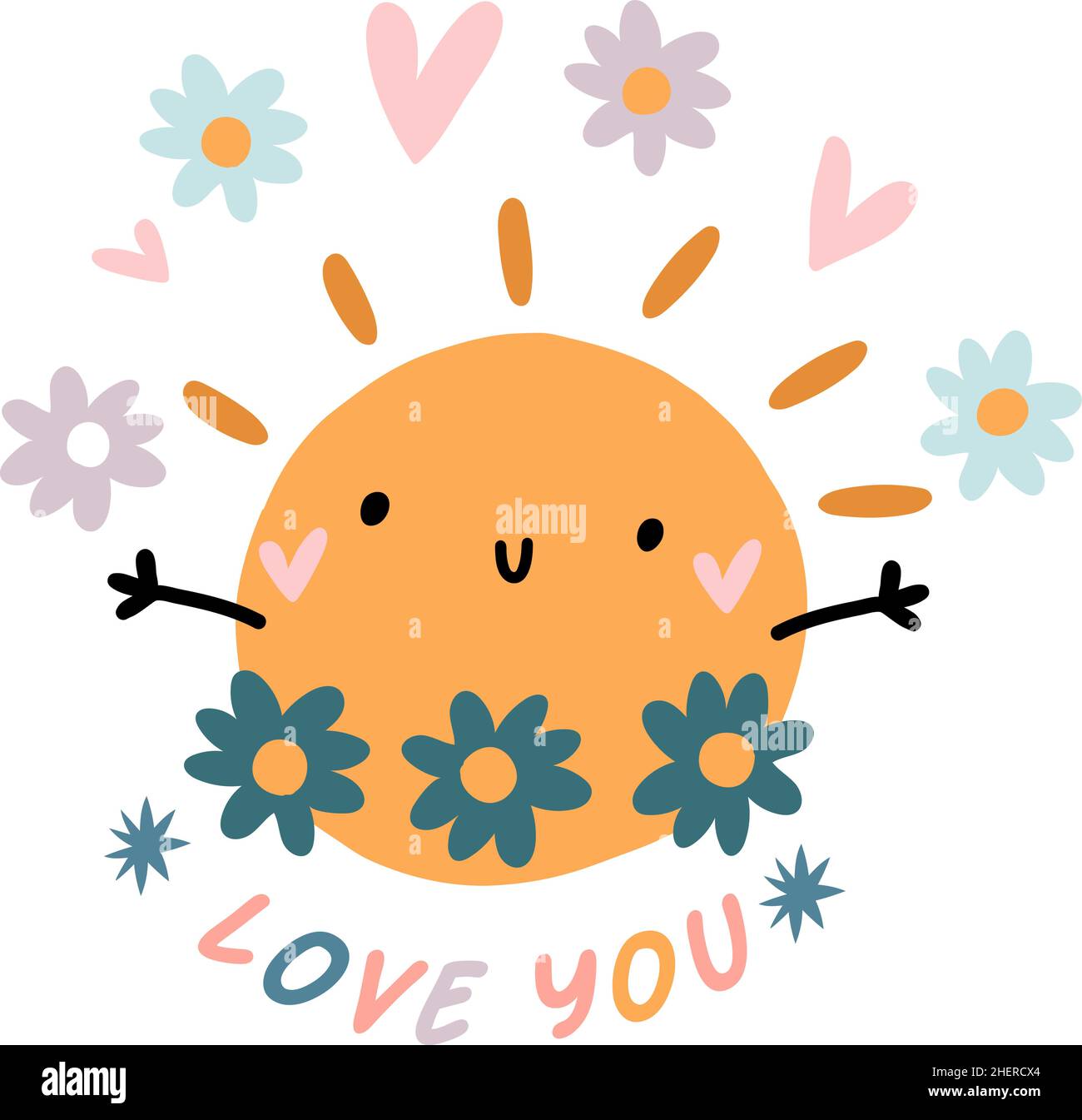 Emblème de votre amour.Soleil mignon avec les bras larges ouverts et les fleurs autour Illustration de Vecteur