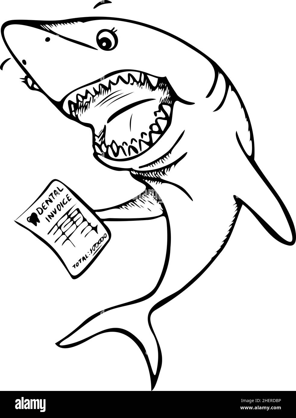 Illustration vectorielle d'un requin drôle avec facture dentaire dans sa nageoire.Requin caricature noir et blanc étonnant. Illustration de Vecteur