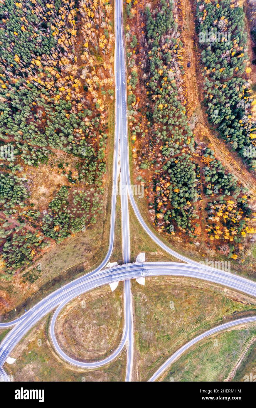 Route avec vue aérienne dans la belle forêt d'automne.Beau paysage avec une route rurale vide, arbres avec des feuilles rouges et orange.Autoroute à travers le parc. Banque D'Images