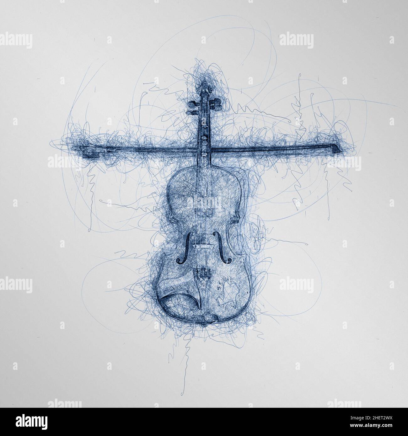 dessin au stylo bleu de violon d'enfants en bois avec violon et bâton faisant une croix Banque D'Images