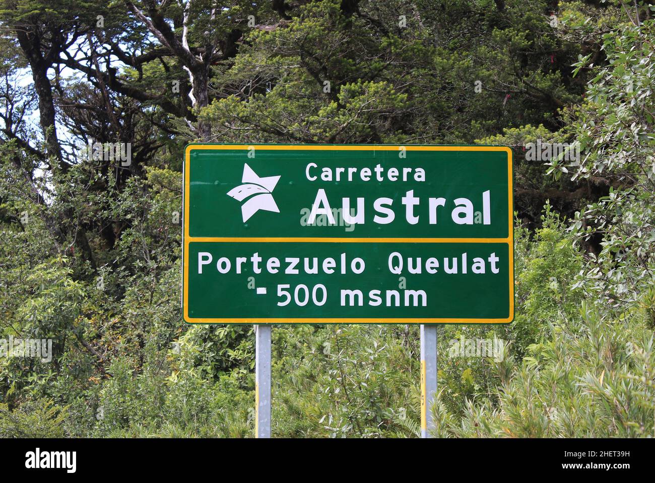 Panneau Carretera Austral près de Portezuelo au Chili Banque D'Images