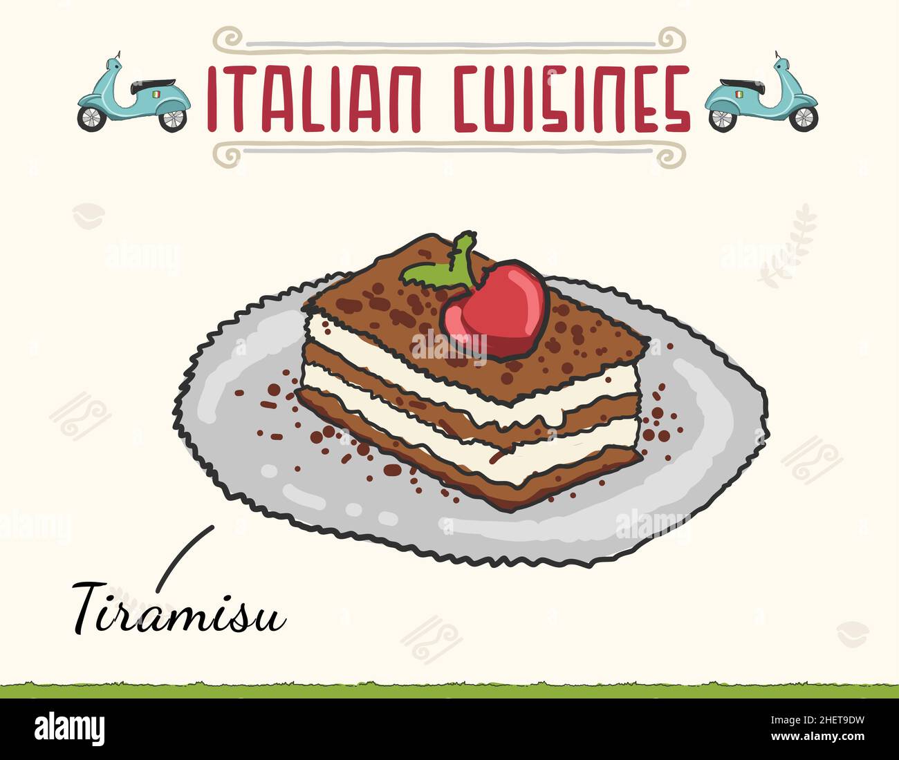 Tiramisu gâteau italien dessert.Illustration vectorielle.Gâteau italien Tiramisu superposé à la cerise, à la crème fouettée et au mascarpone Illustration vectorielle Illustration de Vecteur