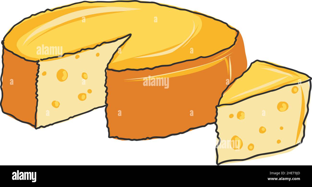 Une tranche de fromage italien avec un bloc de fromage entier.Fromage suisse ou fromage emmental plat fromage isolé sur fond blanc, chee dessiné à la main Illustration de Vecteur