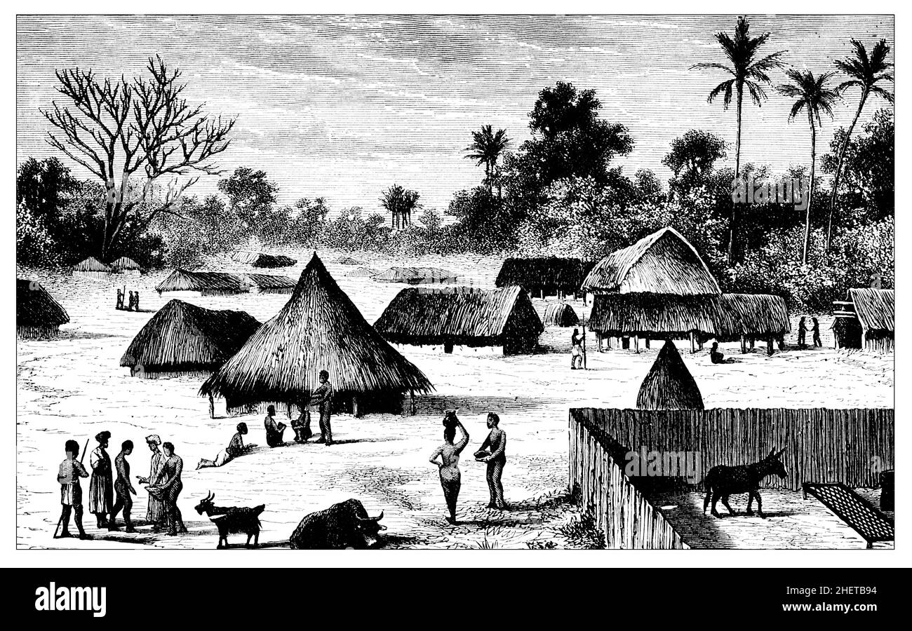 Village africain, 1882 lignes d'illustration de l'Afrique passé et présent, livre victorien pour enfants Banque D'Images