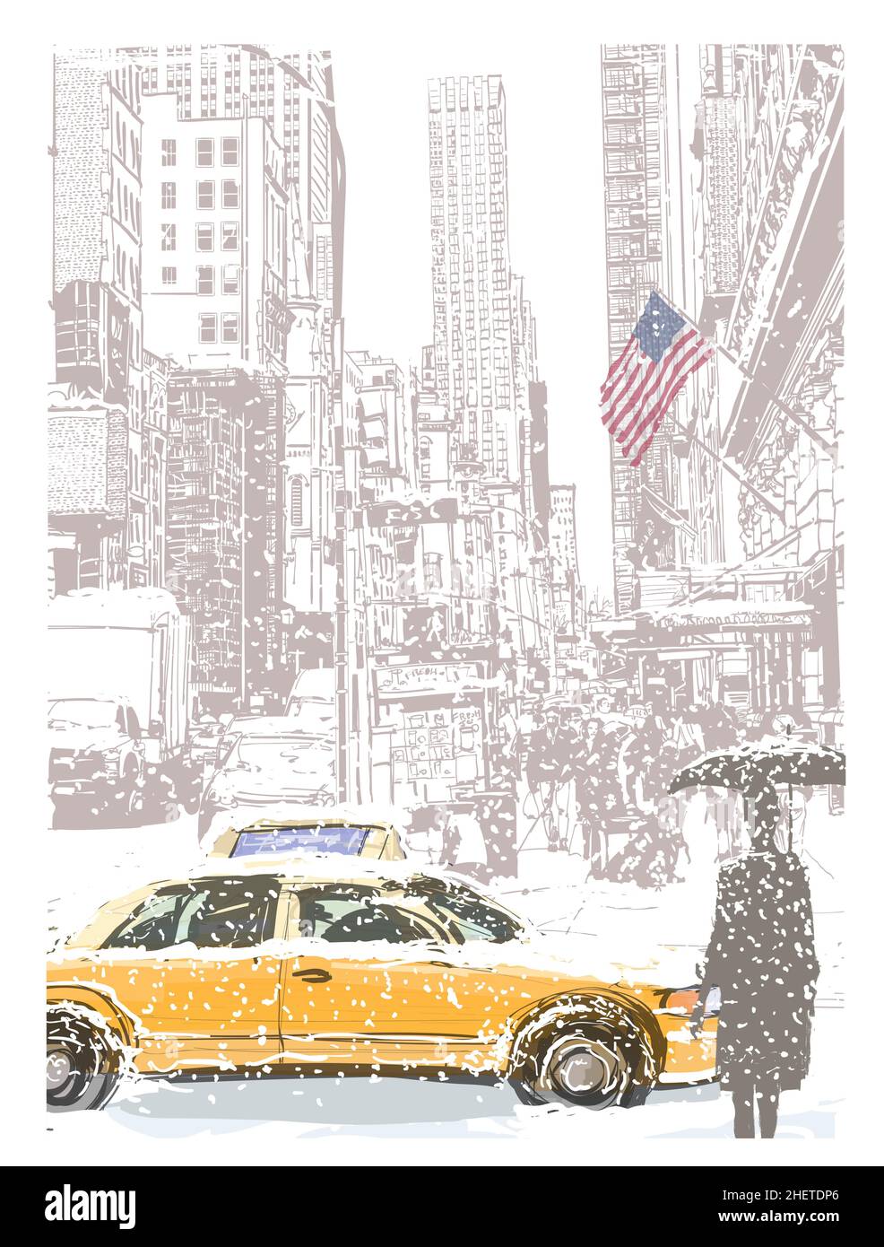 Vue de Manhattan sous la neige - illustration vectorielle (idéale pour l'impression sur tissu ou papier, affiche ou papier peint, décoration de maison) Illustration de Vecteur