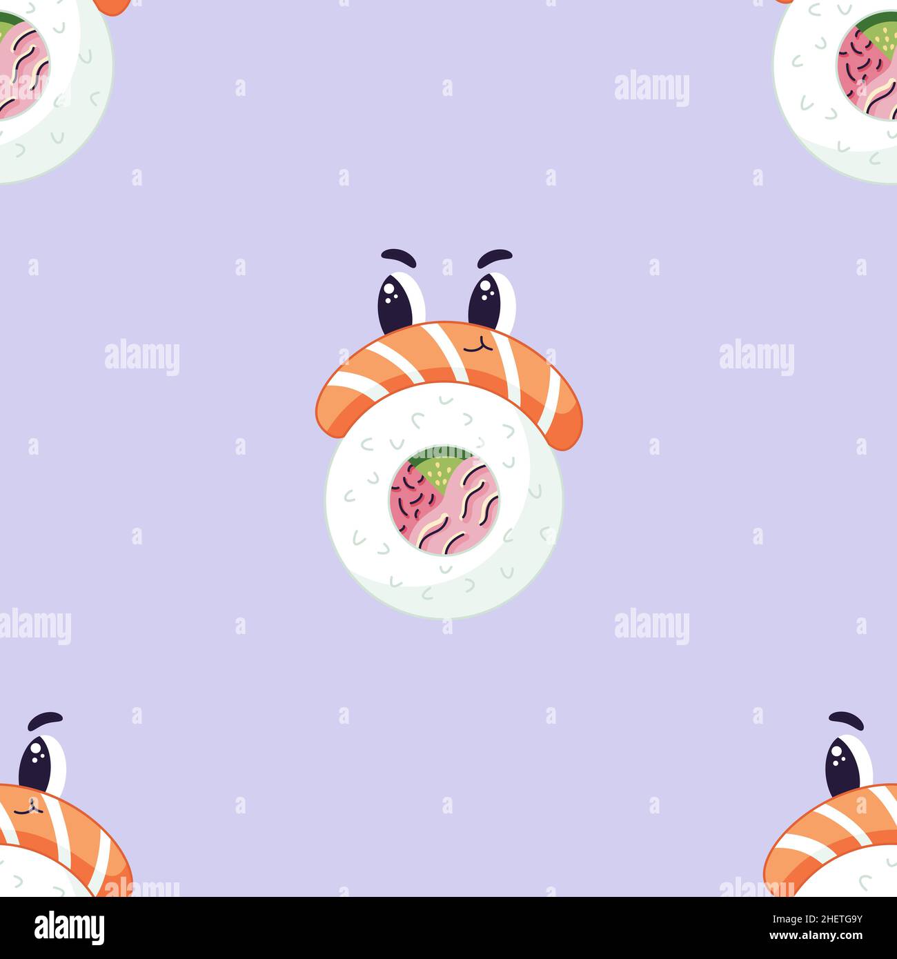 Motif sans couture avec rouleau de sushis japonais, personnage de dessin animé maki avec saumon dans un style plat, motif sans couture en tissu. Illustration de Vecteur