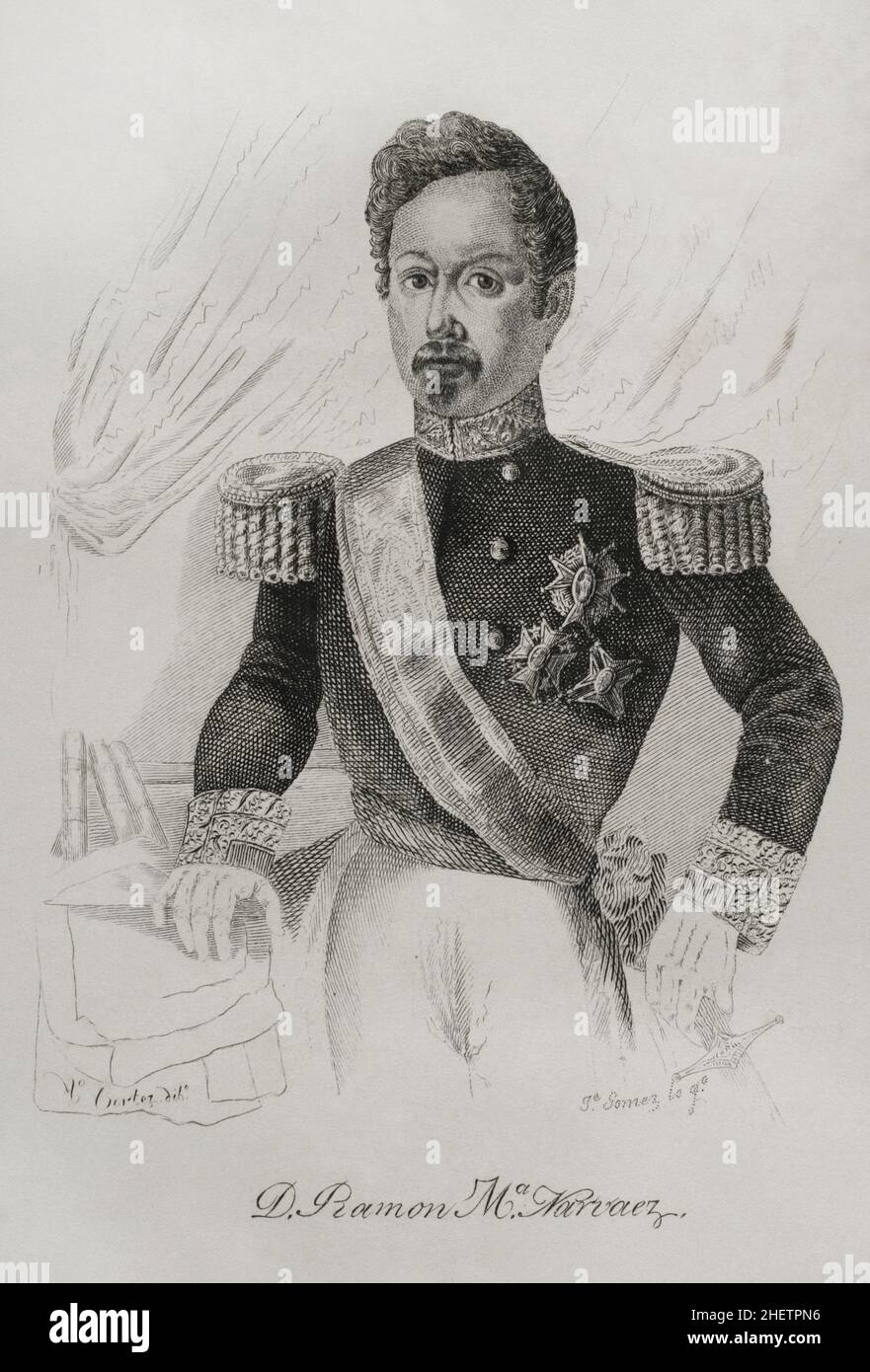 Ramón María Narváez (1799-1868).1st Duc de Valence.Général et politicien espagnol.Chef du Parti modéré sous le règne d'Isabella IIPremier ministre de l'Espagne à sept reprises entre 1844 et 1868.Portrait.Gravure par José Gómez.Panorama Español, Crónica Contemporánea.Volume IIIMadrid, 1845. Banque D'Images