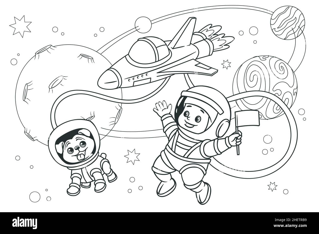 Livre de coloriage, un astronaute de Kid avec un astronaute de chien survolte dans l'espace contre le fond des étoiles et des planètes.Illustration vectorielle, ligne noire et blanche Illustration de Vecteur