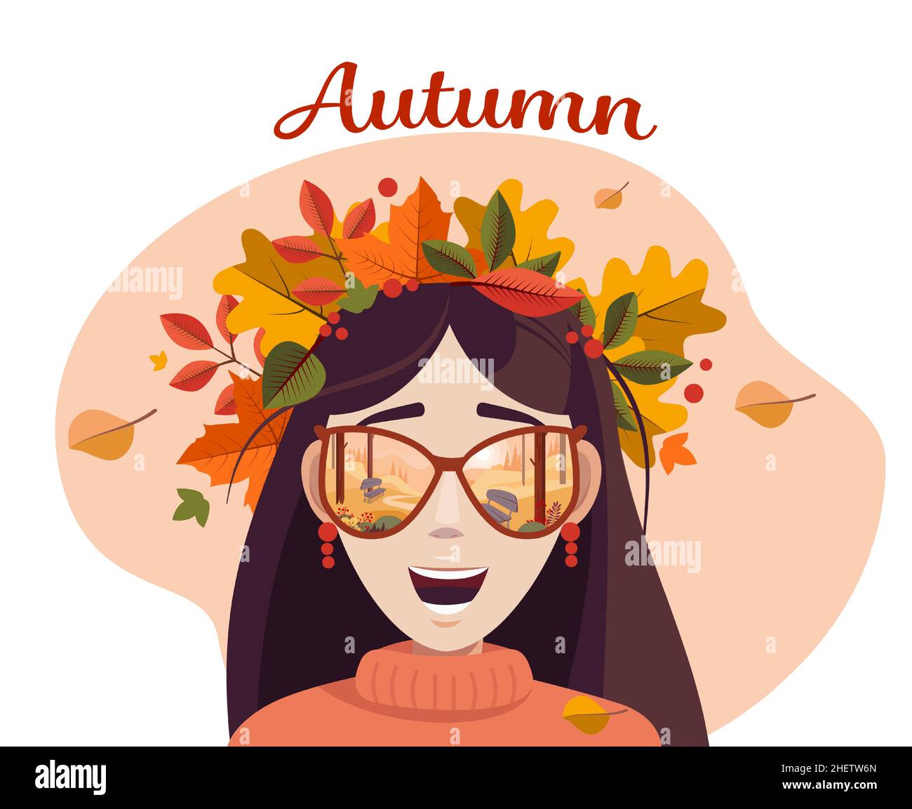 Jolie fille avec des feuilles d'automne dans les cheveux et des lunettes de soleil reflétant le parc d'automne.Illustration vectorielle. Illustration de Vecteur