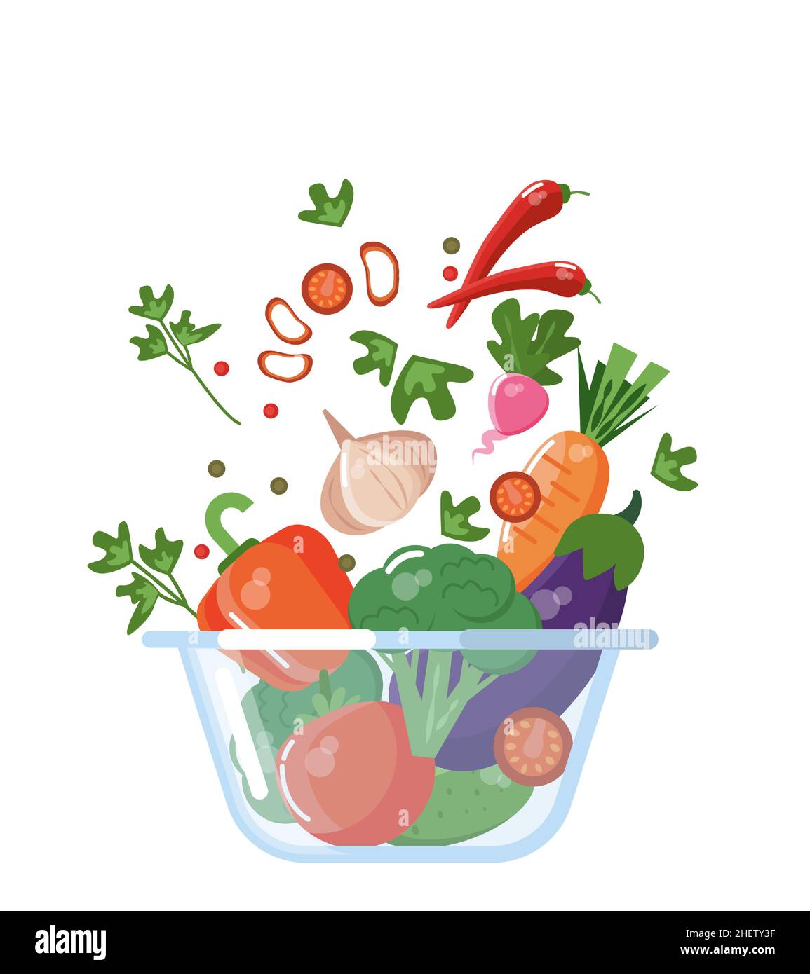 Bol à salade en verre avec légumes frais.Processus de cuisson.Illustration vectorielle. Illustration de Vecteur