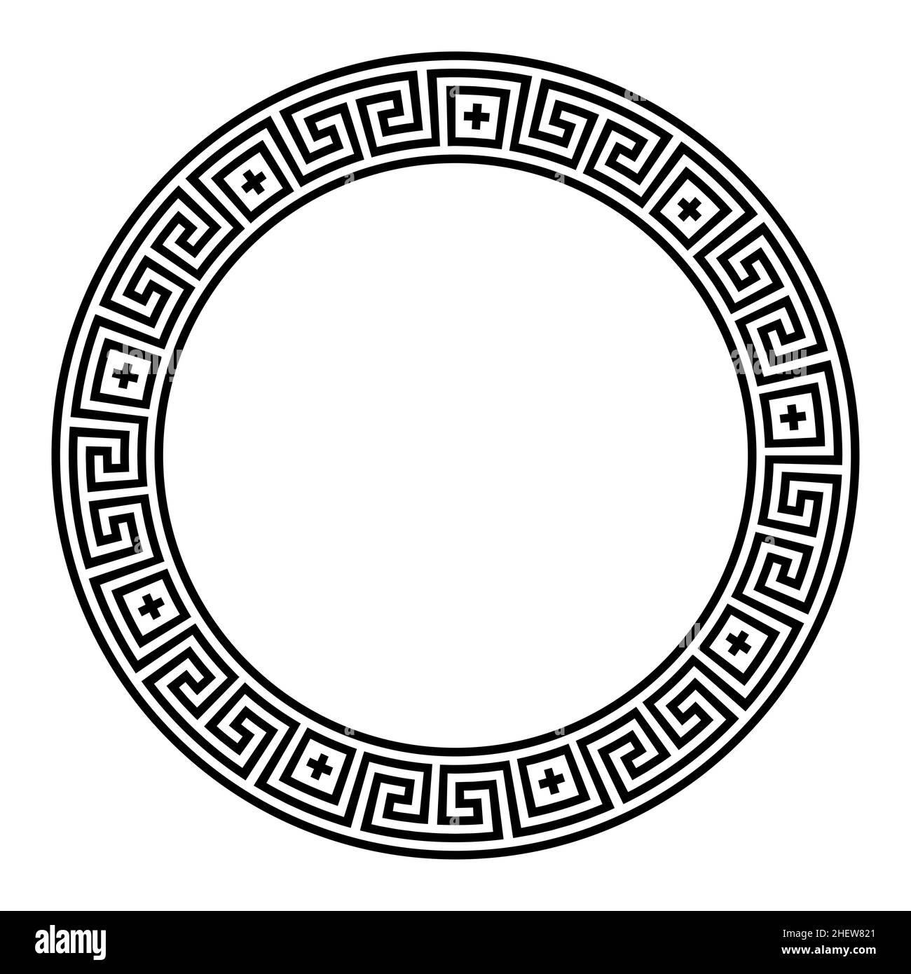 Motif de méandre, cadre de cercle avec symboles croisés.Bordure décorative composée de lignes sans couture, en forme de motif changeant de direction. Banque D'Images