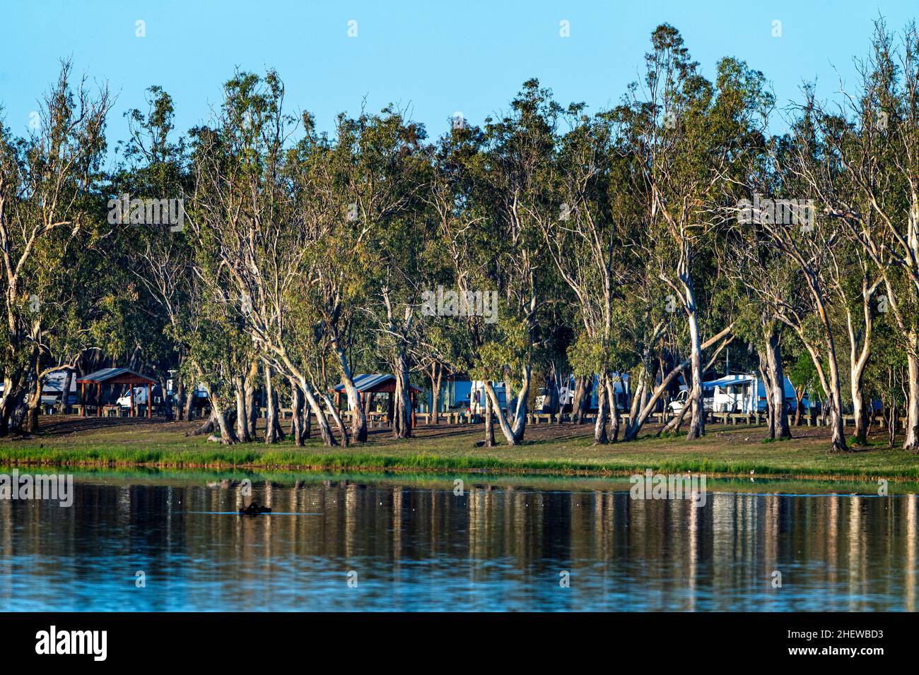 Des caravanes ont campé sur les rives du lac Broadwater, Darling Downs, Queensland, Australie Banque D'Images