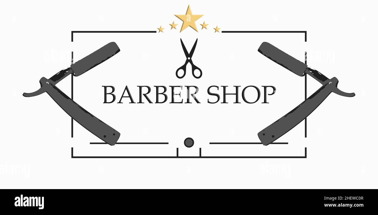 Logo élégant pour Barbershop, ciseaux et rasoir, décoration élégante Banque D'Images